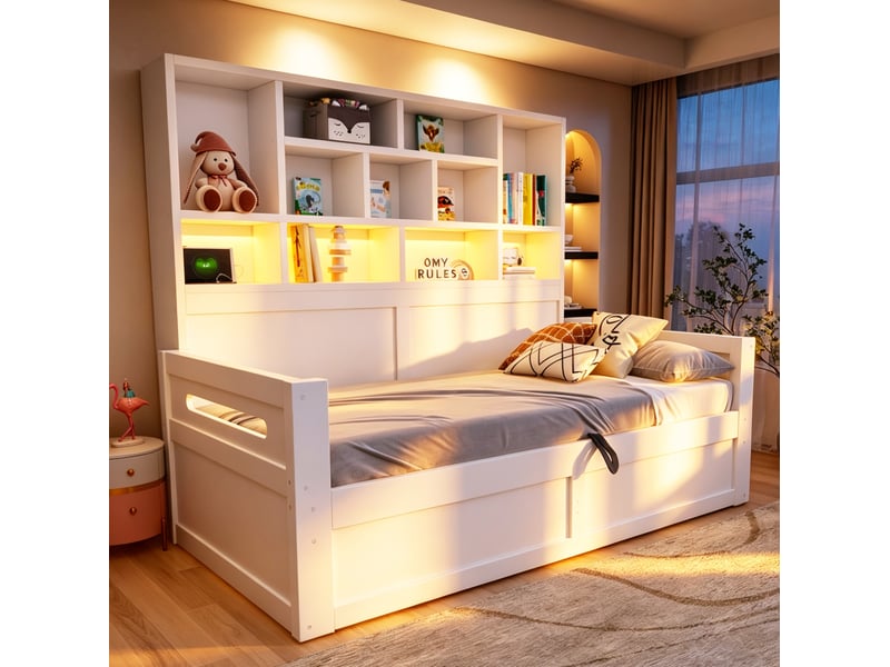  Lit banquette 1 place 90 × 200 cm avec coffre hydraulique, led, étagères et prises, sans matelas, en bois, blanc  - Conforama D