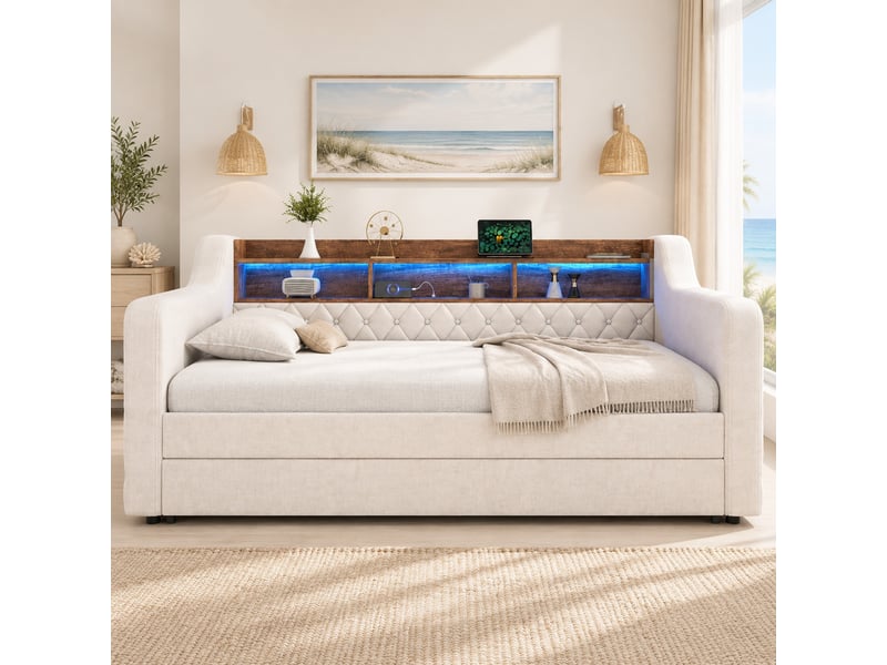  Lit gigogne 2 places en velours avec rangement, usb-c et led réglable, 90×190 cm, sans matelas, beige  - Conforama B