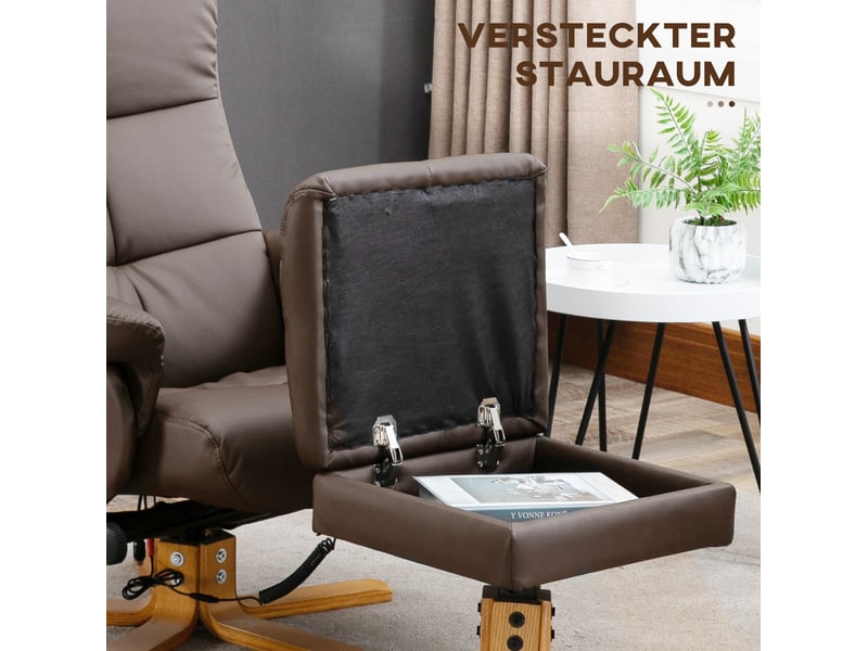  Fauteuil relax massant pivotant avec repose-pied, inclinable à 145° en simili cuir marron  - Conforama D