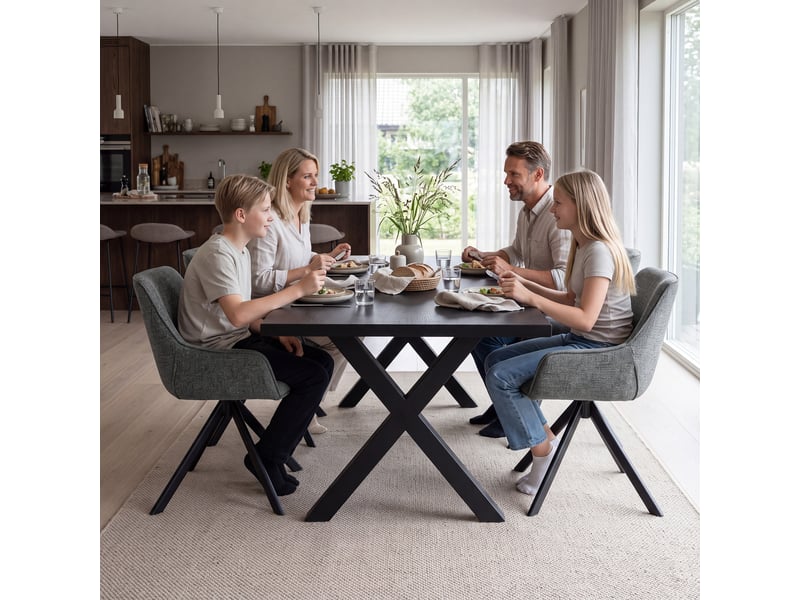  Ensemble table et 4 chaises - table rectangulaire 160x80 cm monobloc en chêne noir et pieds métal, 4 chaises en chenille gris ardoise et pieds métal  - Conforama W