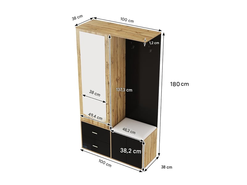  Vestiaire d'entrée avec miroir et banc à chaussures noir et bois 100 x 38 x 180 cm WF249235236S - Conforama C
