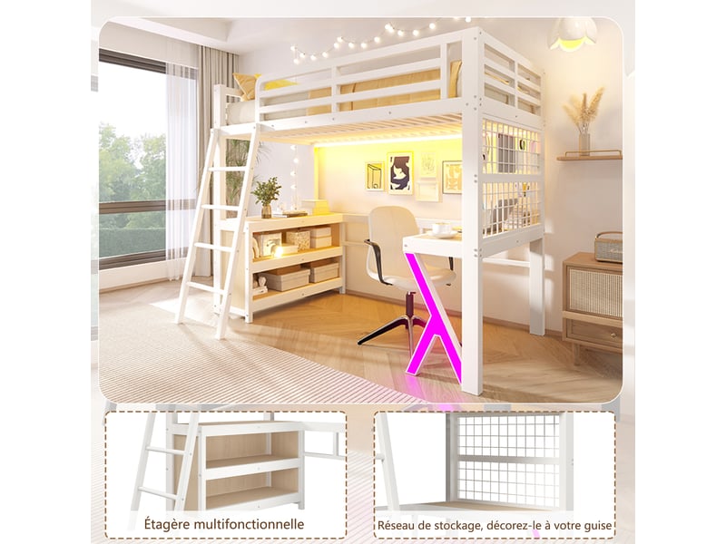  Lit mezzanine enfant 90x200 cm, bureau, placards de rangement, led multicolore, grille, métal et mdf, blanc Radiant Stride - Conforama E