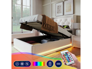 Lit coffre rembourré 90 x 200 cm avec éclairage led et recharge usb-c, coton beige