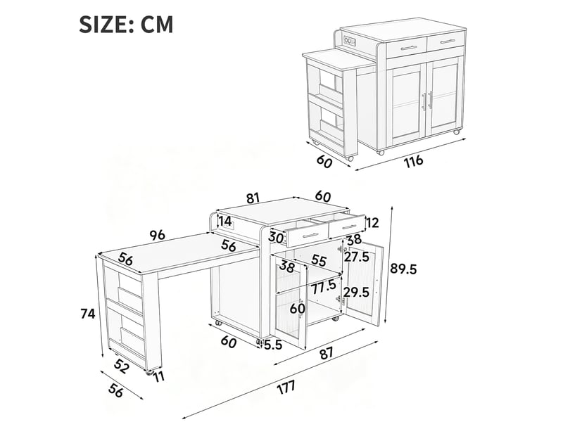  Îlot de cuisine 177x60x89,5 cm extensible avec prises usb panneau de particules noir  - Conforama C
