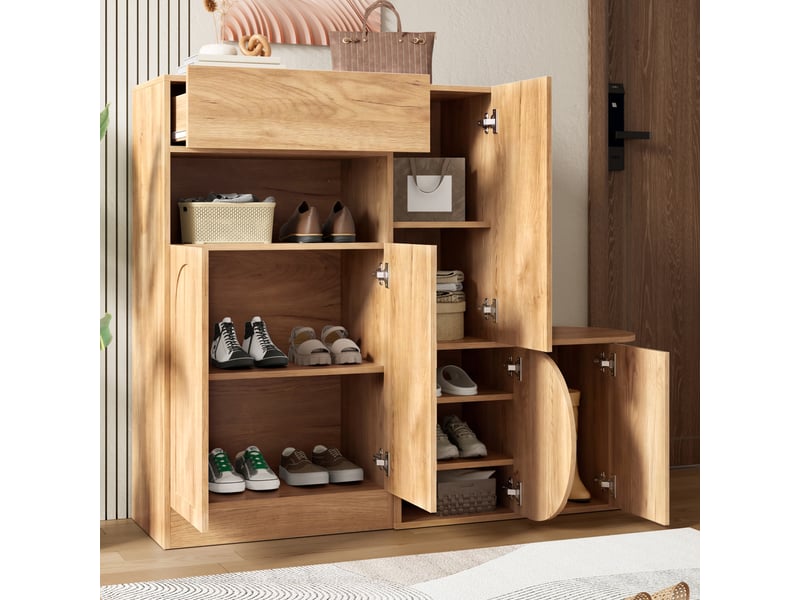  Meuble à chaussures avec banc naturel, panneau fibre moyenne densité, 130 × 35 × 110 cm, 5 portes et crochets intégrés  - Conforama D