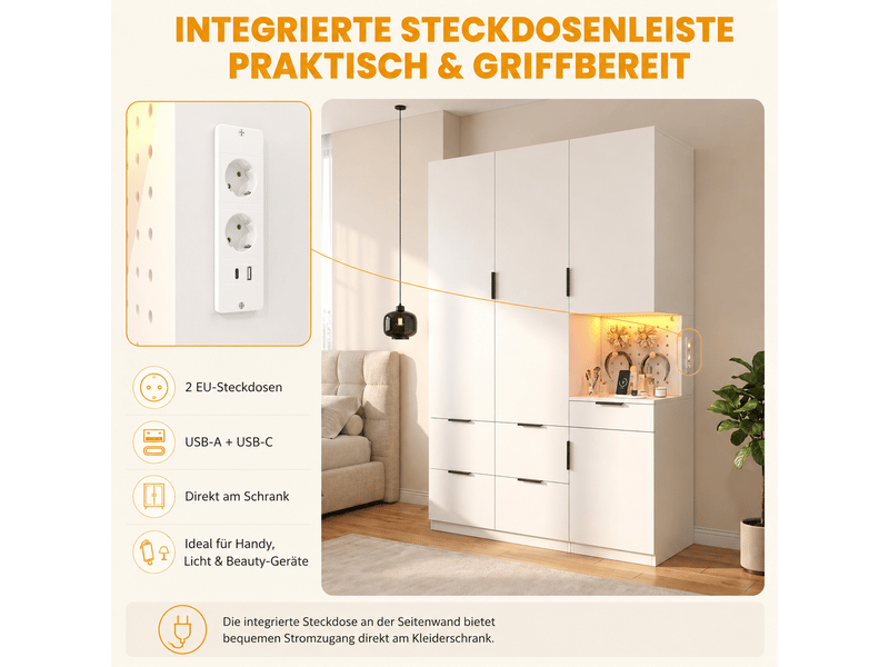  Armoire dressing 135x50x200 cm avec led, prise intégrée, 4 portes, 2 penderies, 5 tiroirs, niche ouverte avec panneau perforé, mdf blanc  - Conforama E