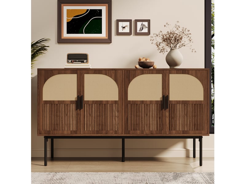 Buffet 4 portes en mdf naturel et rotin 140 x 40 x 80 cm - Conforama D