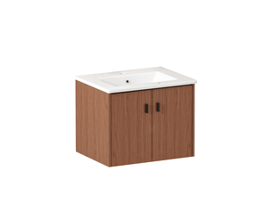 Meuble salle de bains 60 cm à 2 portes amorties - rangement mdf, céramique marron rougeâtre
