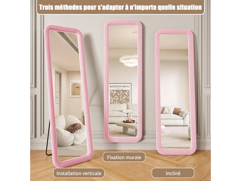  Miroir pleine longueur rose 160x50 cm à bords arrondis, cadre en flanelle rembourrée, au sol ou mural pour chambre et dressing  - Conforama W