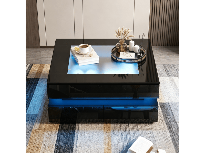 Table basse carrée avec led et 3 tiroirs 70x70 cm plateau en verre trempé et bois noir brillant  - Conforama D