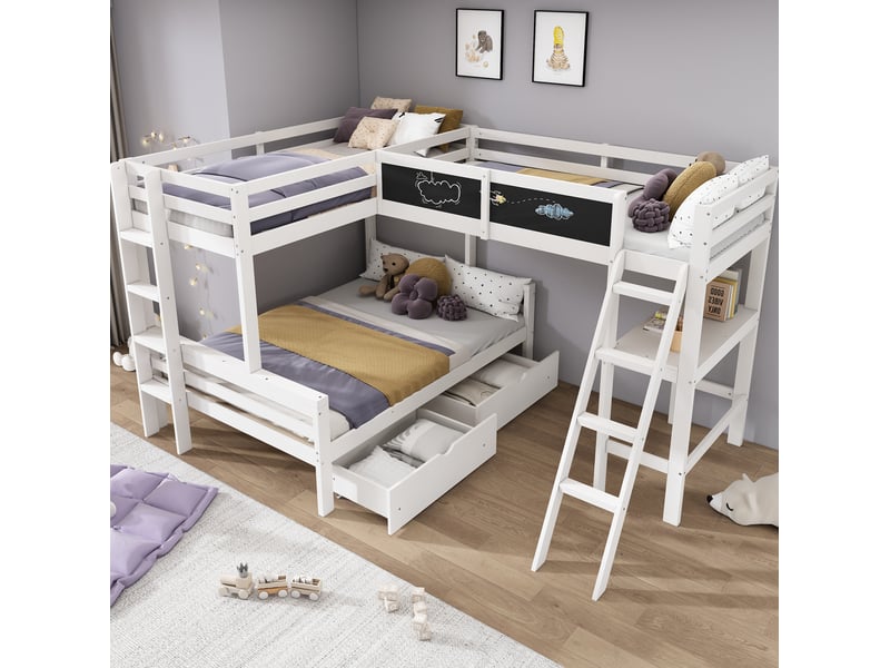 Lit mezzanine enfant 3 places 140 × 200 cm et 90 × 200 cm avec bureau, étagère, tiroirs, sans matelas, bois, blanc - Conforama B