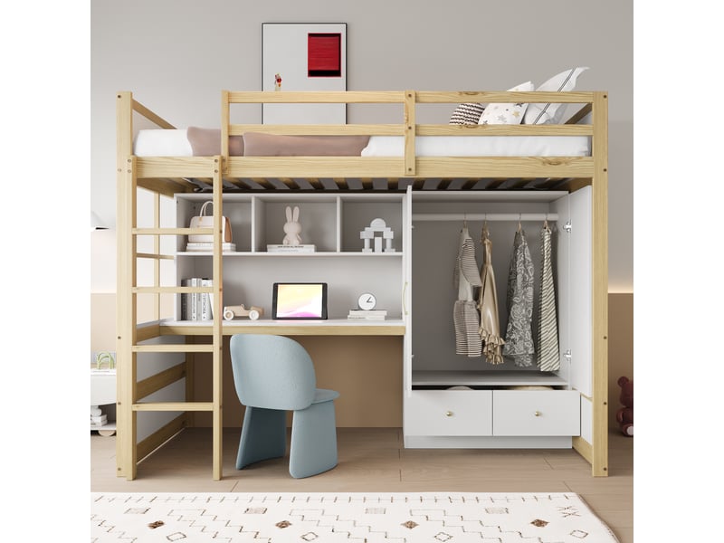 Lit mezzanine 90x200 cm, bureau avec rangements, armoire et tiroirs intégrés, échelle, sommier à lattes, bois massif, coloris bois naturel - Conforama C