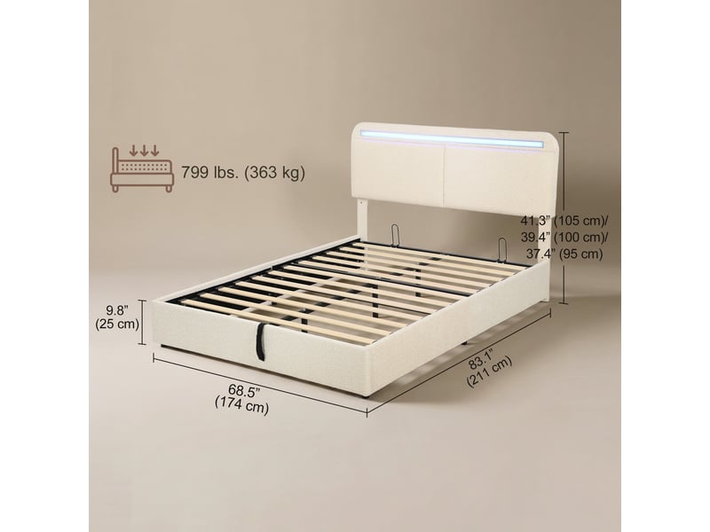 Lit coffre led 160x200cm - tête de lit réglable, pied de lit et sommier - télécommande, vérins pneumatiques - flanelle crème  - Conforama C
