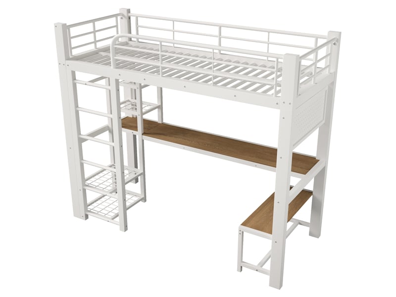 Lit mezzanine 90x200 cm métal blanc avec led, escalier rangement et grille suspendue - Conforama E