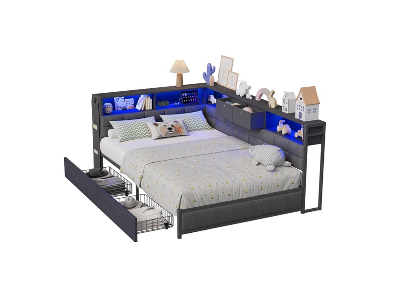  Lit adulte 90 x 200 cm – éclairage led – ports usb –  2 tiroirs - sommier à lattes - espace de rangement sous le lit - lin gris  - Conforama A
