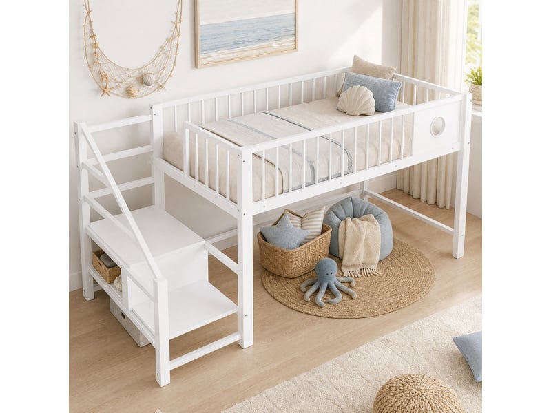 Lit mezzanine 90x200 cm avec échelle de rangement en mdf et métal blanc - Conforama B