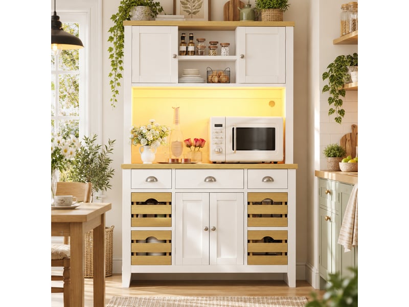 Armoire haute de rangement avec portes, étagères réglables, paniers et éclairage led rgb - blanc - Conforama E