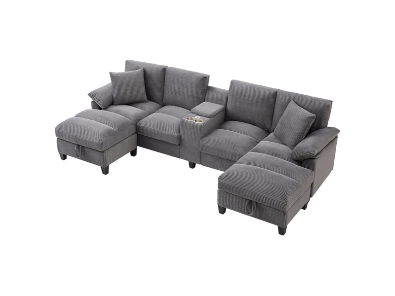 Canapé panoramique u 293x142x93 cm 4 places en velours côtelé avec rangement, porte-gobelets inox, 2 ports usb et coussins - gris - Conforama A