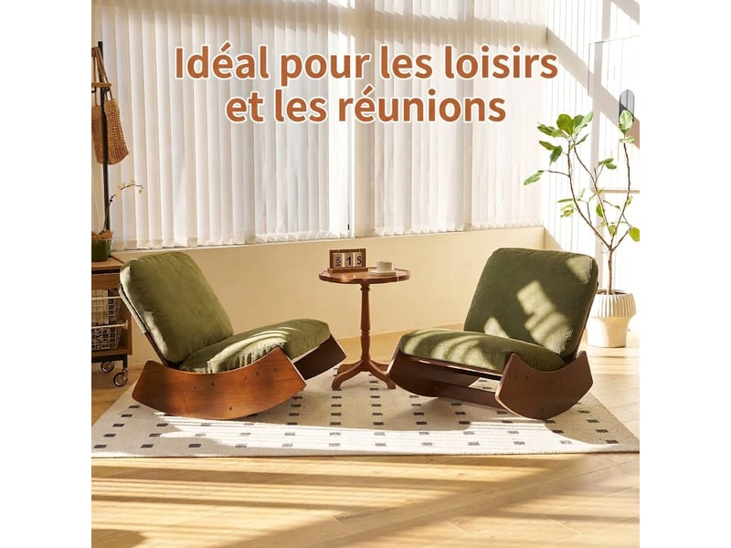  Fauteuil à bascule confortable en velours côtelé vert, chaise à bascule en bois massif pour salon et chambre, 90x61,5x71,9 cm  - Conforama W