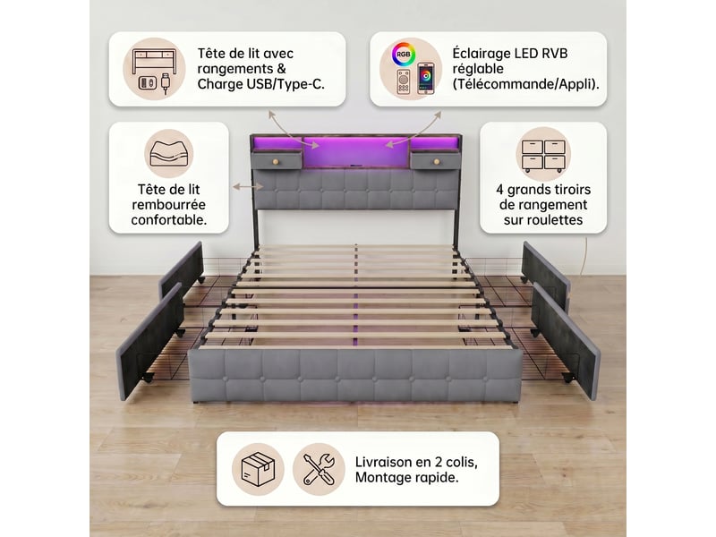  Lit 160x200 avec 4 tiroirs, lit adulte avec led rgb et ports de charge, lit double, tête de lit avec rangement intégré, tissu velours, moderne, gris  - Conforama C