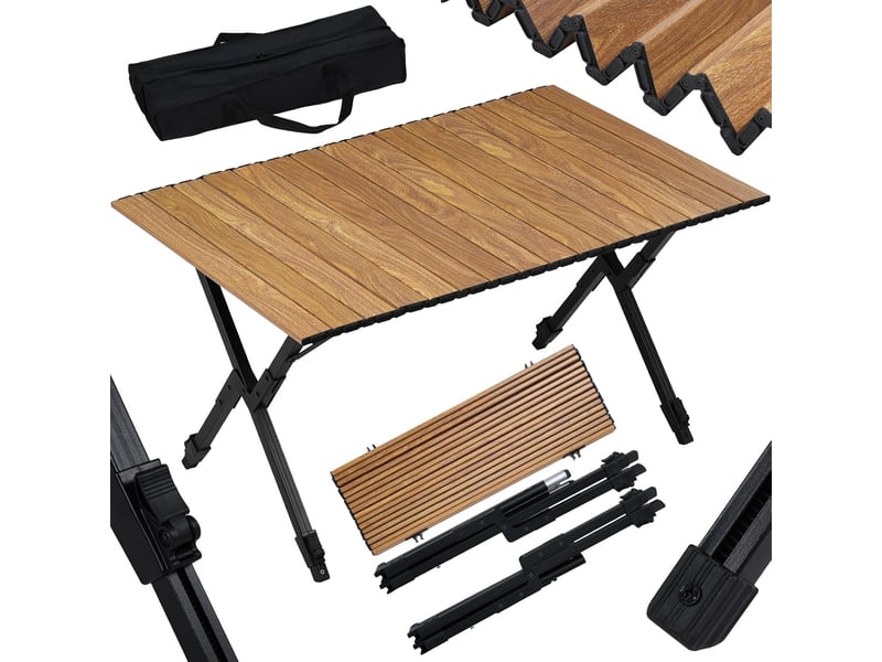 Table camping pliante,table de jardin,hauteur réglable,sac de rangement,en aluminium,chêne clair  - Conforama A