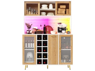 Buffet 120x40x180 cm blanc et aspect bois en mdf, 5 portes, led, prise intégrée pour rangement cuisine