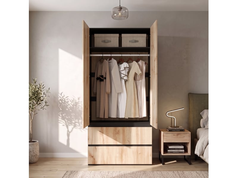  Armoire 90x50x200 cm avec 1 barre de penderie, 2 tiroirs et 2 portes, mdf et panneau de particules, bois, chambre déco  - Conforama D