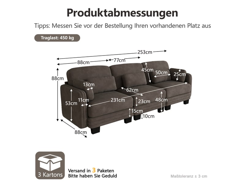  Canapé droit modulable 3 places 253x88x88 cm en chenille marron  - Conforama C