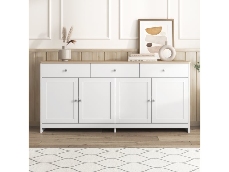  Buffet blanc et bois 160 cm bahut 4 portes 3 tiroirs meuble de rangement style campagne pour salon  - Conforama W