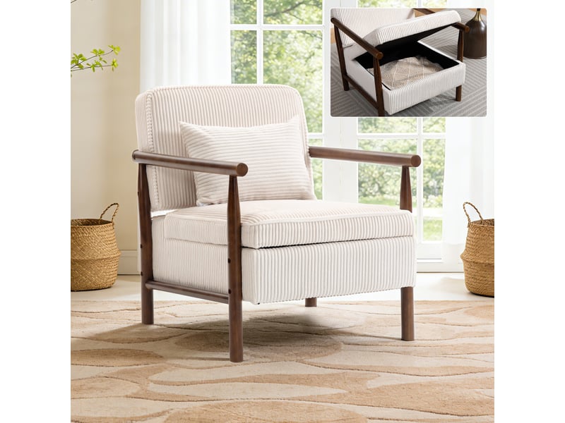  Fauteuil de salon moderne 80x61x72cm - coffre de rangement intégré, coussin lombaire amovible et structure en bois massif - velours côtelé - blanc  - Conforama D