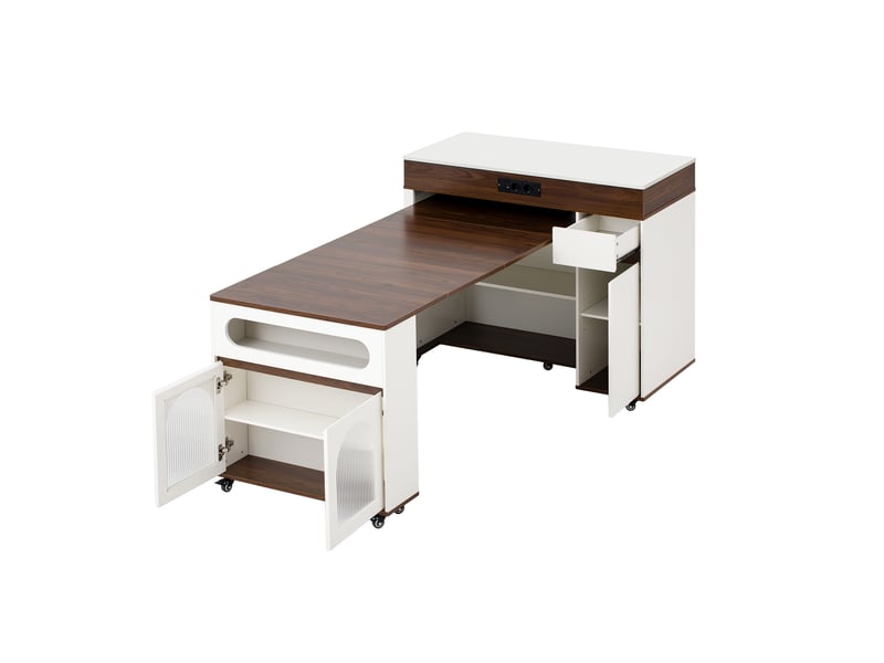  Îlot de cuisine mobile 110,5 cm avec table extensible, prises intégrées, tiroir et verre cannelé, blanc et noyer Jamama eleni - Conforama A