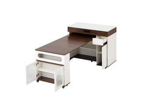 Îlot de cuisine mobile 110,5 cm avec table extensible, prises intégrées, tiroir et verre cannelé, blanc et noyer