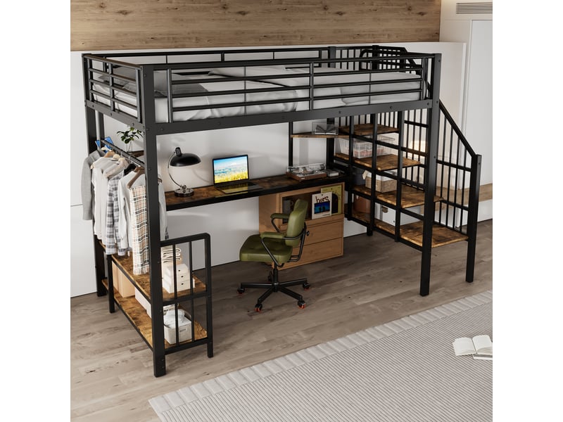 Lit mezzanine 120 x 200 cm, ports usb, barre de penderie, étagères de rangement, escalier, pour la chambre, métal et mdf, noir et noyer foncé ABC - Conforama E