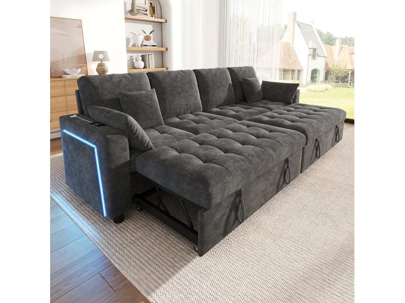  Canapé d'angle convertible 4 places 262,5 x 140 cm – gris – 2 couchages, led et dossier réglable  - Conforama B