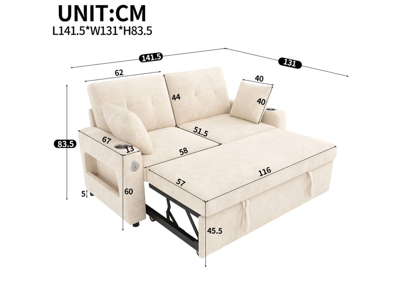  Canapé convertible 2 places modenvie beige en chenille avec led, ports usb et type-c, rangements, porte-gobelets et 2 coussins 141,5 x 131 x 83,5 cm  - Conforama C