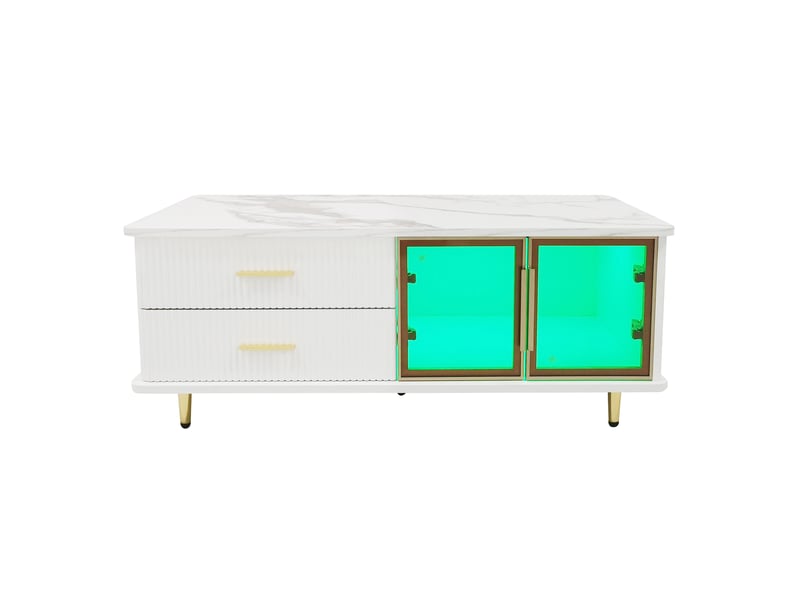  Table basse avec 2 tiroirs, 2 portes et led pour salon 100×50×40 cm en panneaux de particules blanche  - Conforama A