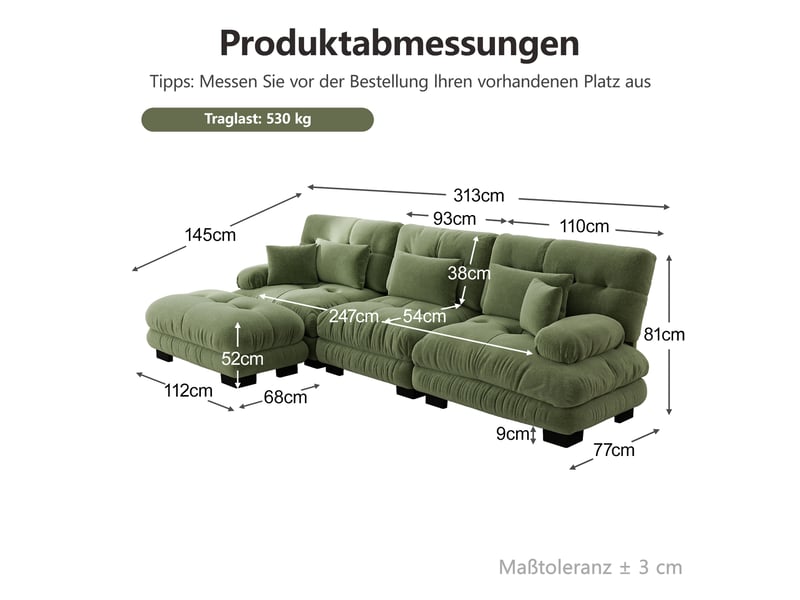 Canapé nuage d'angle modulable 3 places 313x145x81 cm avec pouf mobile, assise profonde, accoudoirs arrondis, chenille vert Radiant Stride - Conforama C