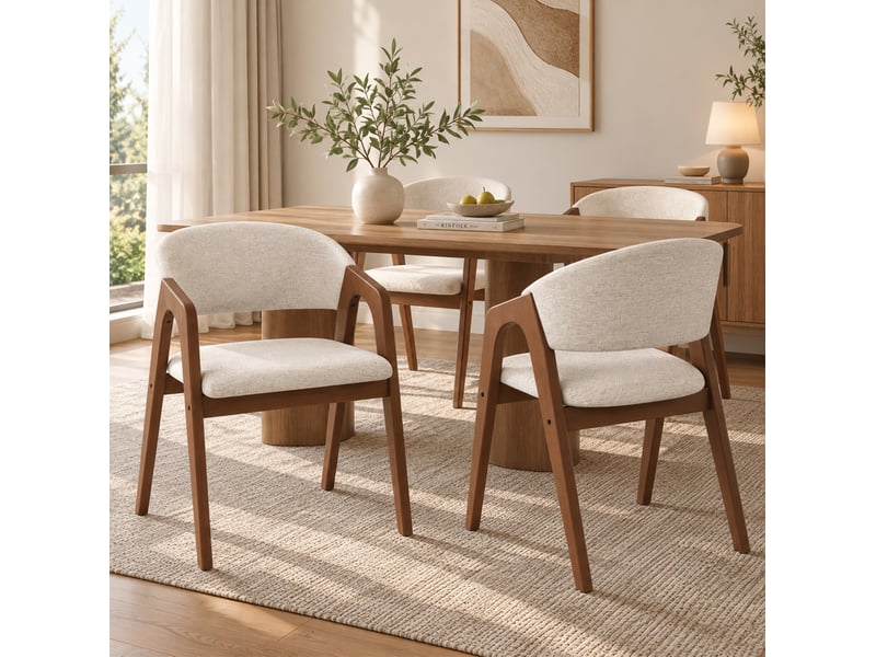  Lot de 4 chaises de salle à manger avec accoudoirs, bois et lin, noyer et beige  - Conforama E