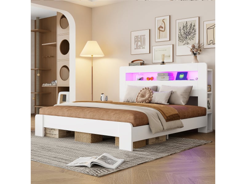  Lit plateforme en bois blanc 180x200 cm avec rangement dans la tête de lit, led et prises intégrées  - Conforama D