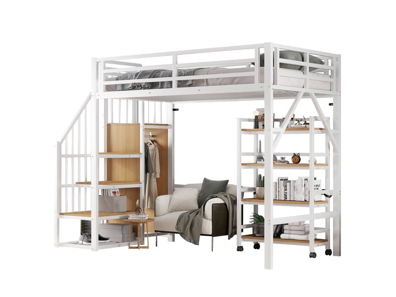  Lit mezzanine enfant 90x200 cm, barrière de sécurité, armoire ouverte, étagère, métal, blanc, sans matelas  - Conforama A
