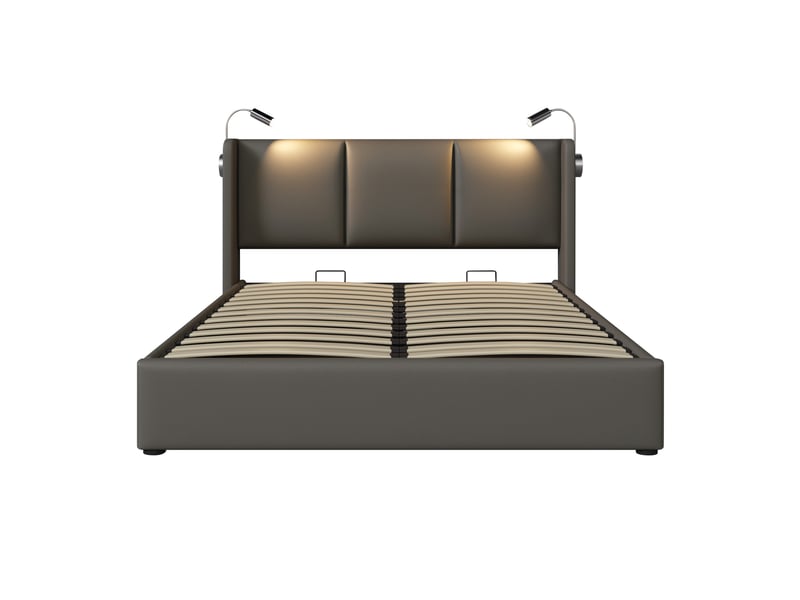 Lit double rembourré avec coffre de rangement, lampe de lecture et charge usb, en pu gris 160×200 avec matelas - Conforama A