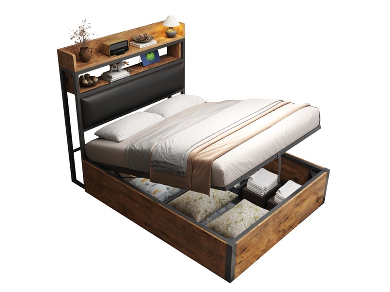  Cadre de lit 90 x 200 cm avec mécanisme de levage hydraulique, port usb, tête de lit rembourrée, design rétro bois et métal, espace de rangement intégré, lit simple, mobilier de chambre moderne, noir  - Conforama A