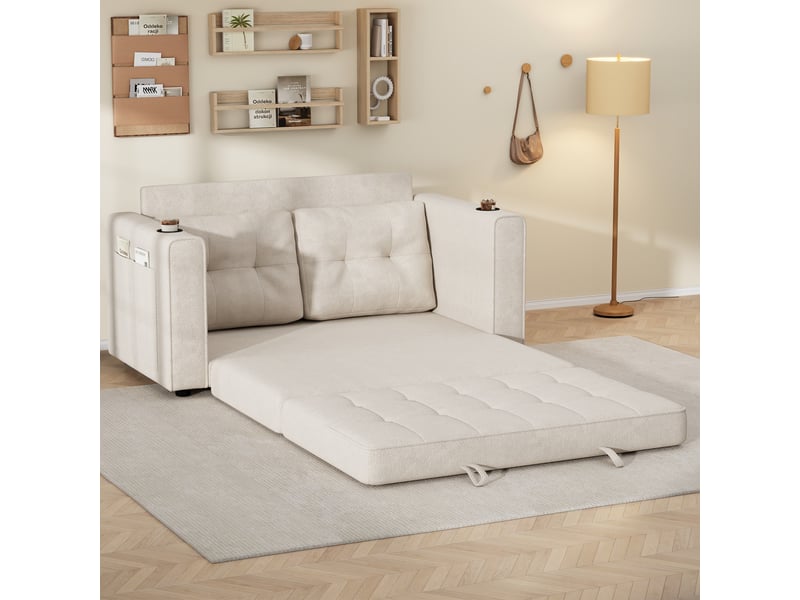 Canapé convertible 2 places 141x79x93 cm - canapé-lit extensible - dossier amovible et porte-gobelets - chenille - beige CozyNest - Conforama D