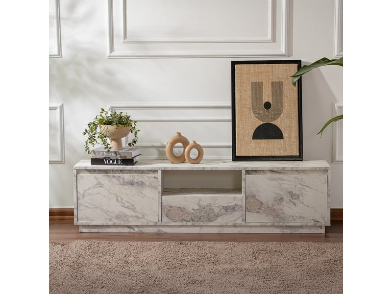  Meuble tv 3 portes 1 niche couleur marbre blanc et gris  - Conforama D
