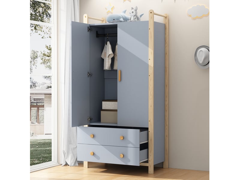  Armoire avec penderie, 2 portes et 2 tiroirs, en panneaux de particules et pin, bleu et naturel, 90 × 45 × 180 cm  - Conforama B