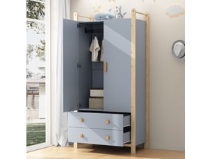 Armoire avec penderie, 2 portes et 2 tiroirs, en panneaux de particules et pin, bleu et naturel, 90 × 45 × 180 cm