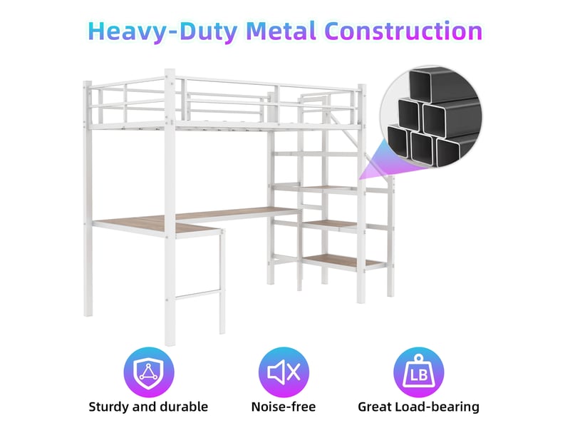  Lit mezzanine 90x190 cm avec bureau en l, cadre de lit adulte, lit 1 personne lit adulte, blanc  - Conforama W