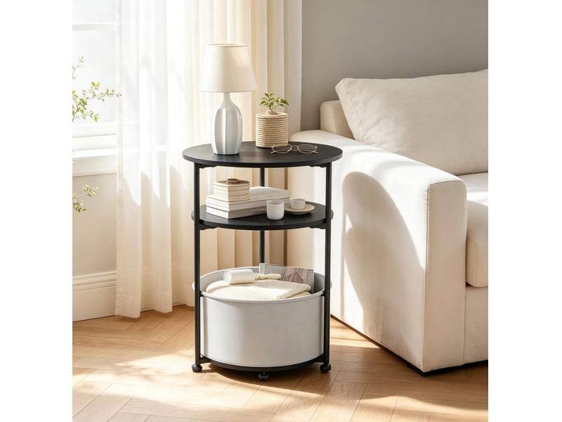  Table d’appoint ronde 43x43x56 cm avec panier de rangement panneau de particules et métal noire  - Conforama B