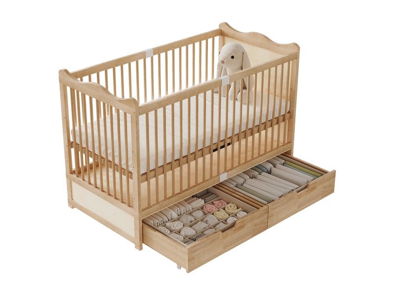 Lit bébé réglable 70x140 cm avec 2 tiroirs, bois de pin, naturel - Conforama A