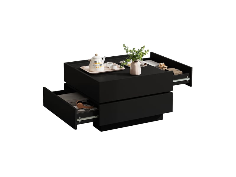 Table basse pivotante à 360 degrés avec 2 tiroirs et rebords hauts pour salon, en aggloméré noir, 60 × 60 × 38 cm - Conforama A